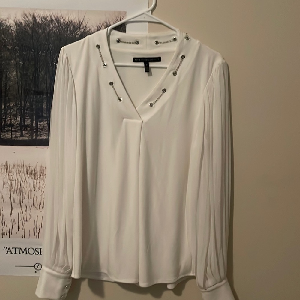 White House Black Market Size Medium Long Puff-Sleeved White Blouse (business)